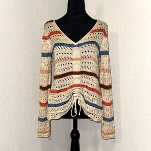 Maurices Striped Cinch Front Open Stitch Sweater Women's Small V-Neck Boho Beach